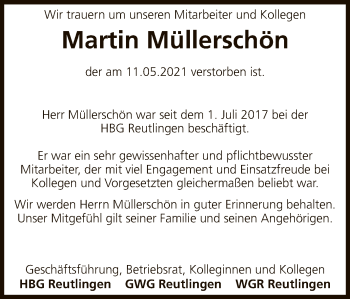 Anzeige von Martin Müllerschön von Reutlinger General-Anzeiger