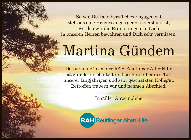  Traueranzeige für Martina Gündem vom 14.05.2021 aus Reutlinger General-Anzeiger