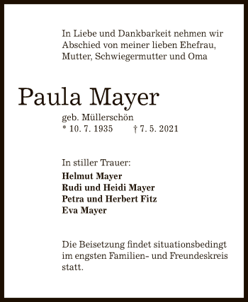 Anzeige von Paula Mayer von Reutlinger General-Anzeiger