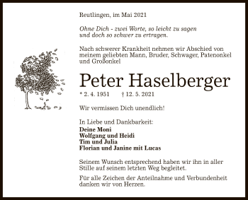 Anzeige von Peter Haselberger von Reutlinger General-Anzeiger