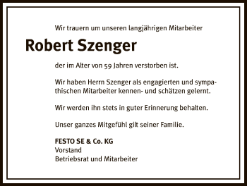 Anzeige von Robert Szenger von Reutlinger General-Anzeiger