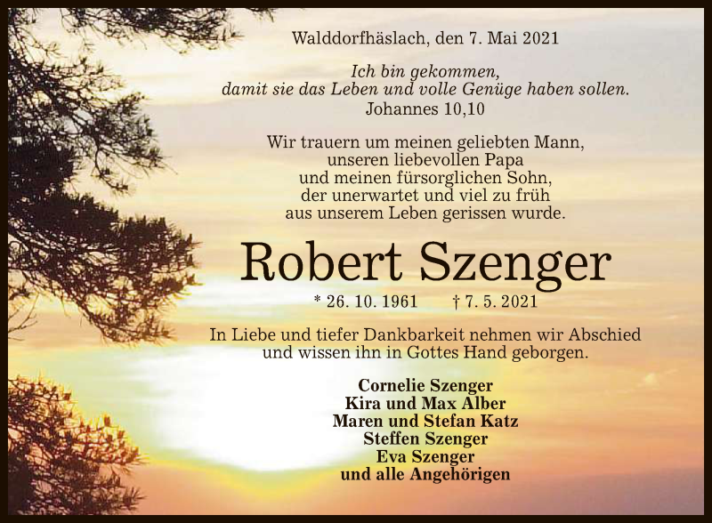  Traueranzeige für Robert Szenger vom 11.05.2021 aus Reutlinger General-Anzeiger