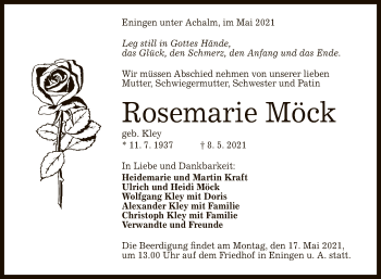 Anzeige von Rosemarie Möck von Reutlinger General-Anzeiger