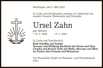 Anzeige von Ursel Zahn von Reutlinger General-Anzeiger