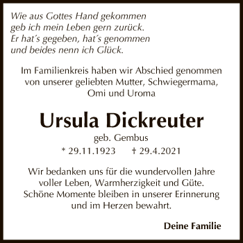 Anzeige von Ursula Dickreuter von Reutlinger General-Anzeiger