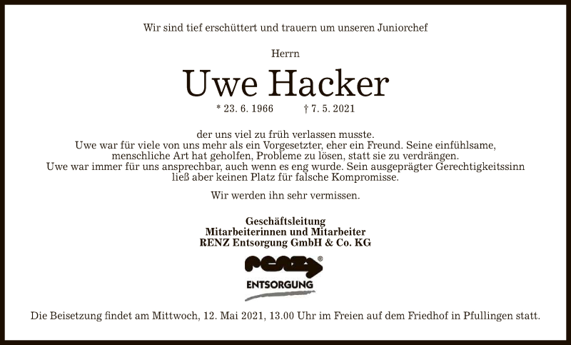  Traueranzeige für Uwe Hacker vom 11.05.2021 aus Reutlinger General-Anzeiger