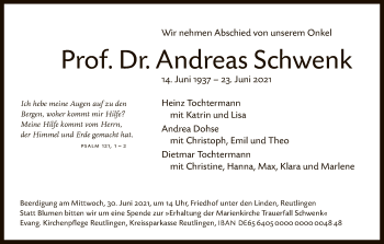 Anzeige von Andreas Schwenk von Reutlinger General-Anzeiger