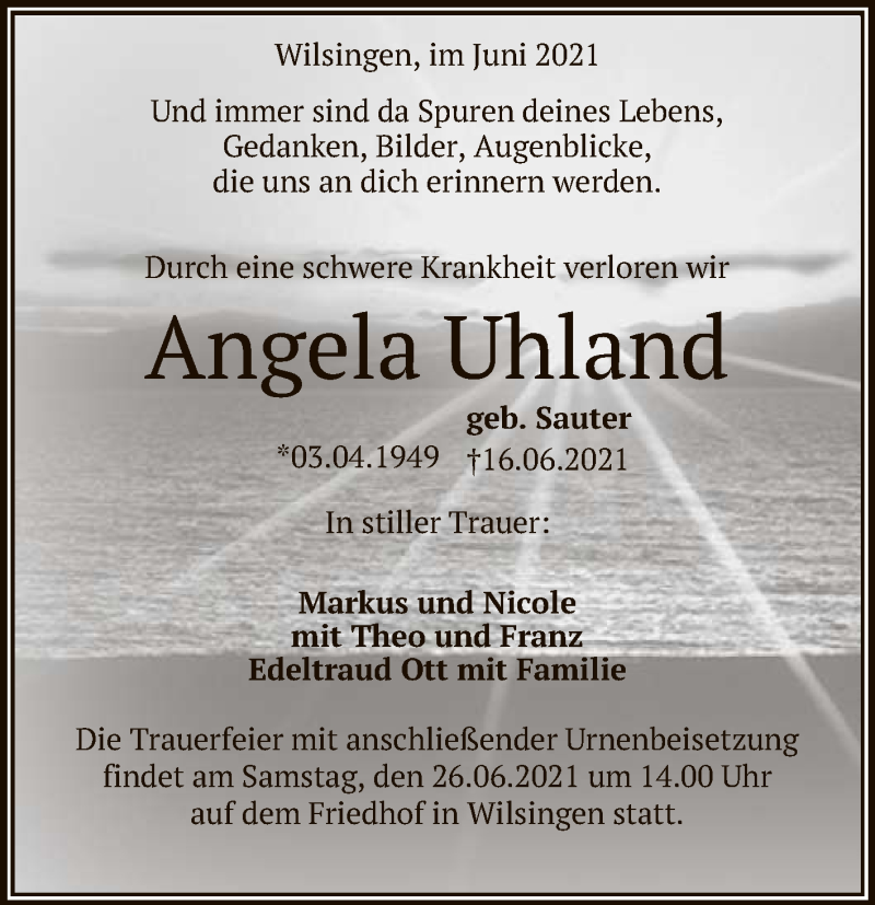  Traueranzeige für Angela Uhland vom 22.06.2021 aus Reutlinger General-Anzeiger