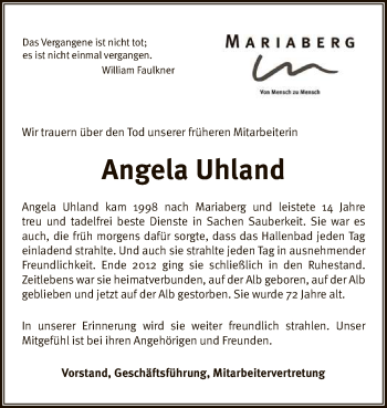 Anzeige von Angela Uhland von Reutlinger General-Anzeiger