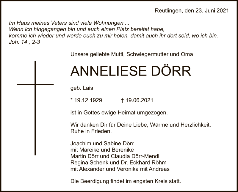  Traueranzeige für Anneliese Dörr vom 23.06.2021 aus Reutlinger General-Anzeiger