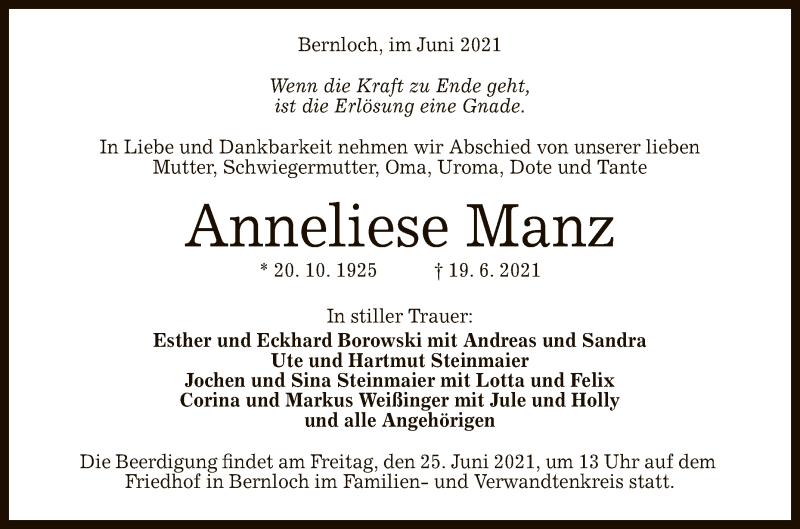  Traueranzeige für Anneliese Manz vom 23.06.2021 aus Reutlinger General-Anzeiger