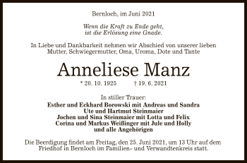 Anzeige von Anneliese Manz von Reutlinger General-Anzeiger