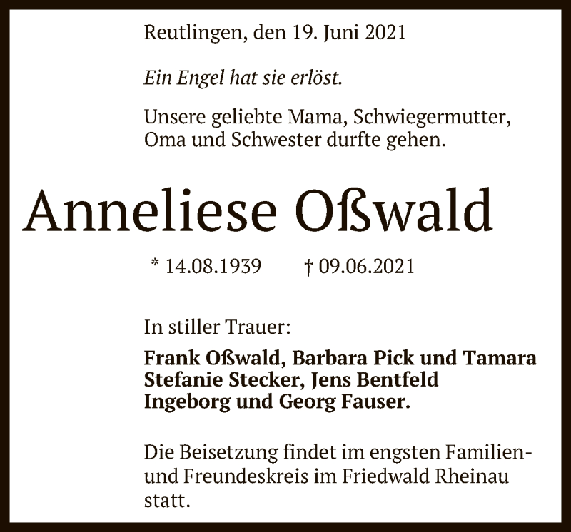  Traueranzeige für Anneliese Oßwald vom 19.06.2021 aus Reutlinger General-Anzeiger