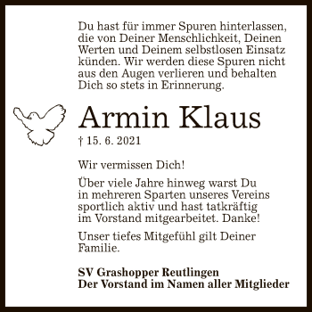 Anzeige von Armin Klaus von Reutlinger General-Anzeiger