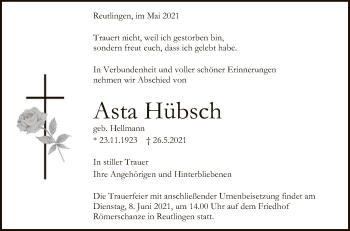 Anzeige von Asta Hübsch von Reutlinger General-Anzeiger