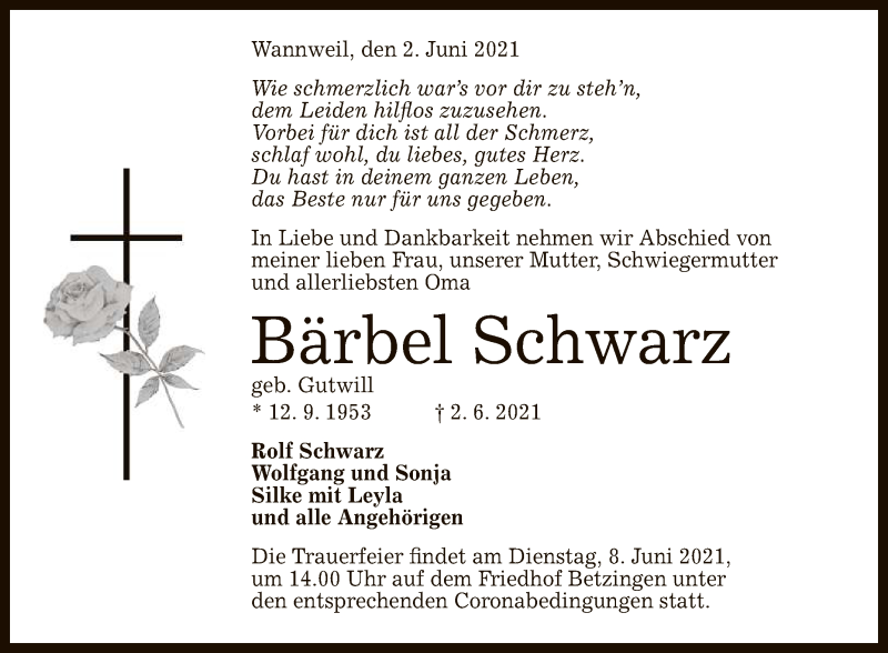  Traueranzeige für Bärbel Schwarz vom 05.06.2021 aus Reutlinger General-Anzeiger