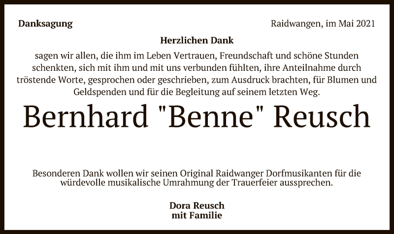  Traueranzeige für Bernhard Reusch vom 05.06.2021 aus Reutlinger General-Anzeiger