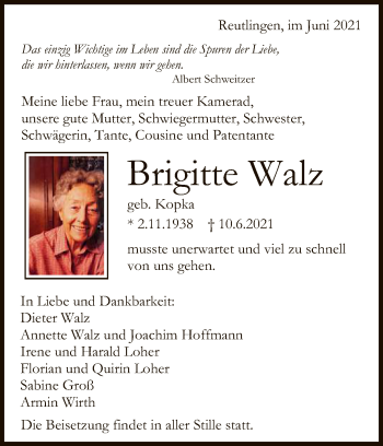 Anzeige von Brigitte Walz von Reutlinger General-Anzeiger