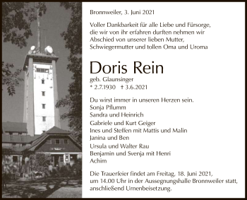 Anzeige von Doris Rein von Reutlinger General-Anzeiger