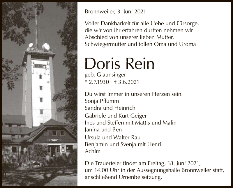  Traueranzeige für Doris Rein vom 10.06.2021 aus Reutlinger General-Anzeiger