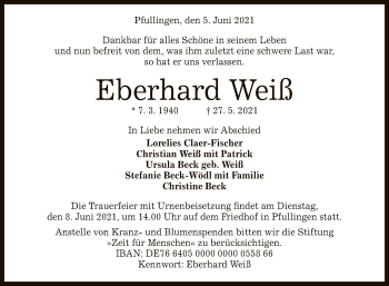 Anzeige von Eberhard Weiß von Reutlinger General-Anzeiger