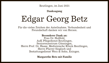Anzeige von Edgar Georg Betz von Reutlinger General-Anzeiger