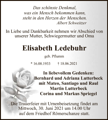 Anzeige von Elisabeth Ledebuhr von Reutlinger General-Anzeiger