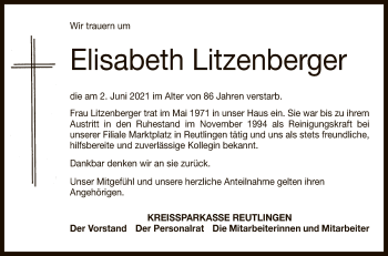 Anzeige von Elisabeth Litzenberger von Reutlinger General-Anzeiger