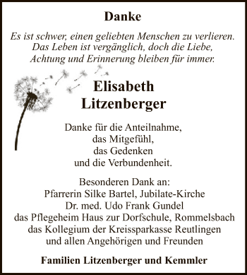 Anzeige von Elisabeth Litzenberger von Reutlinger General-Anzeiger
