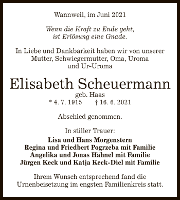 Anzeige von Elisabeth Scheuermann von Reutlinger General-Anzeiger