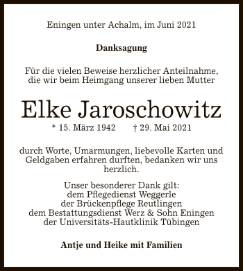 Anzeige von Elke Jaroschowitz von Reutlinger General-Anzeiger