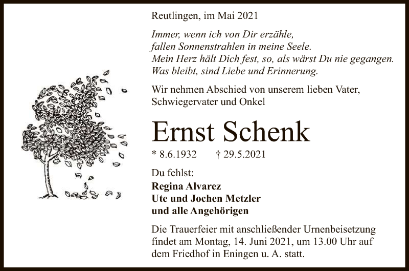  Traueranzeige für Ernst Schenk vom 12.06.2021 aus Reutlinger General-Anzeiger