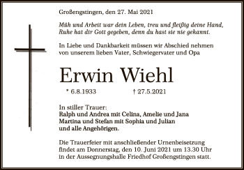 Anzeige von Erwin Wiehl von Reutlinger General-Anzeiger