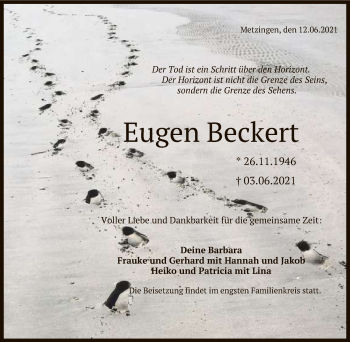 Anzeige von Eugen Beckert von Reutlinger General-Anzeiger