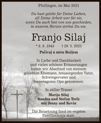 Anzeige von Franjo Silaj von Reutlinger General-Anzeiger