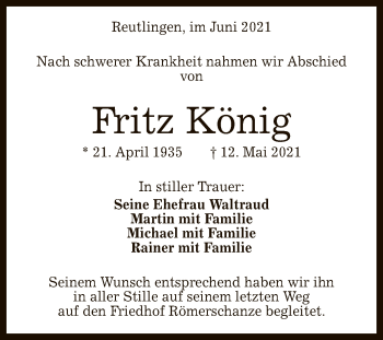 Anzeige von Fritz König von Reutlinger General-Anzeiger