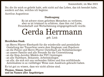 Anzeige von Gerda Herrmann von Reutlinger General-Anzeiger