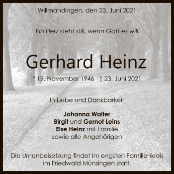 Anzeige von Gerhard Heinz von Reutlinger General-Anzeiger