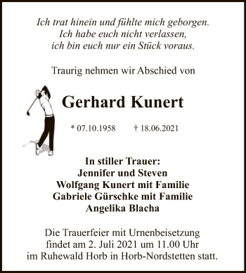 Anzeige von Gerhard Kunert von Reutlinger General-Anzeiger