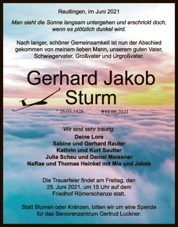 Anzeige von Gerhard Jakob Sturm von Reutlinger General-Anzeiger
