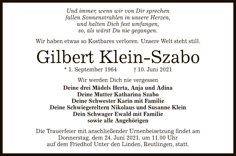  Traueranzeige für Gilbert Klein-Szabo vom 19.06.2021 aus Reutlinger General-Anzeiger