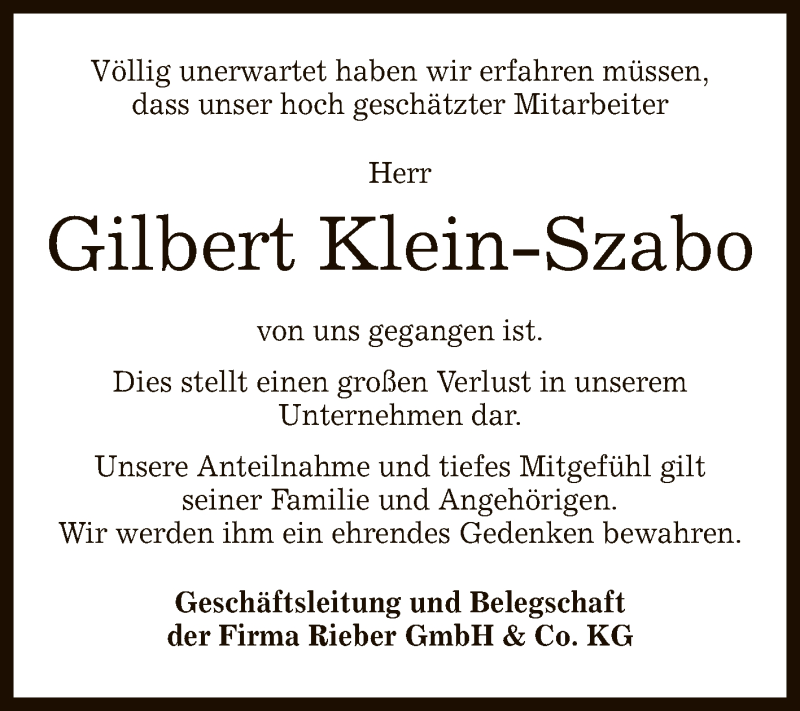  Traueranzeige für Gilbert  Klein-Szabo vom 19.06.2021 aus Reutlinger General-Anzeiger