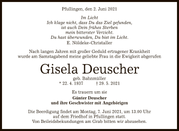 Anzeige von Gisela Deuscher von Reutlinger General-Anzeiger