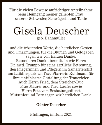 Anzeige von Gisela Deuscher von Reutlinger General-Anzeiger