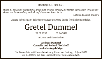 Anzeige von Gretel Dummel von Reutlinger General-Anzeiger