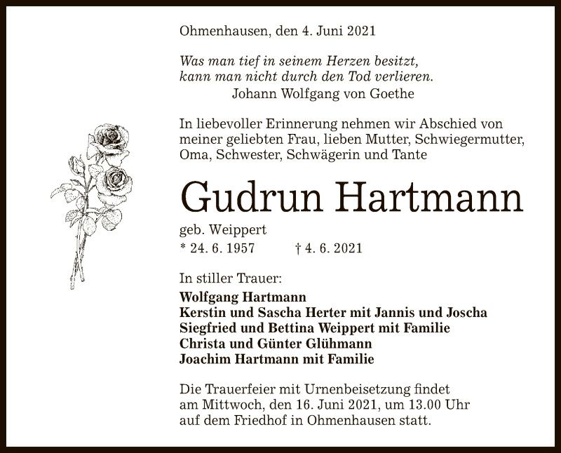  Traueranzeige für Gudrun Hartmann vom 11.06.2021 aus Reutlinger General-Anzeiger