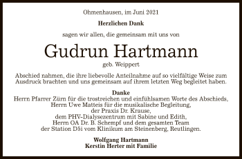 Anzeige von Gudrun Hartmann von Reutlinger General-Anzeiger