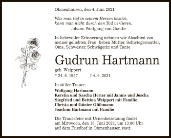 Anzeige von Gudrun Hartmann von Reutlinger General-Anzeiger