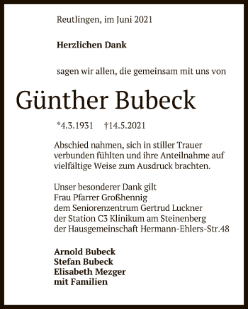 Anzeige von Günther Bubeck von Reutlinger General-Anzeiger