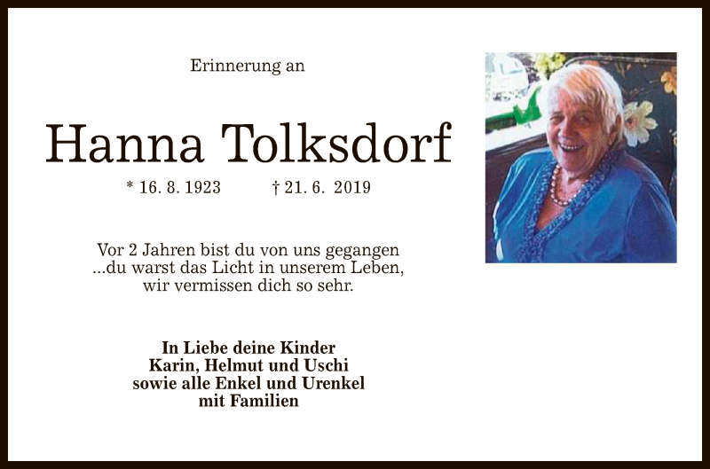  Traueranzeige für Hanna Tolksdorf vom 21.06.2021 aus Reutlinger General-Anzeiger